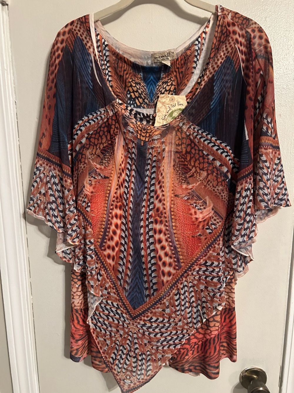 ONE WORLD Rust and Navy Boho Flutter Sleeve Tunic